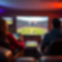 A vibrant scene of a cricket match being streamed live on various devices.